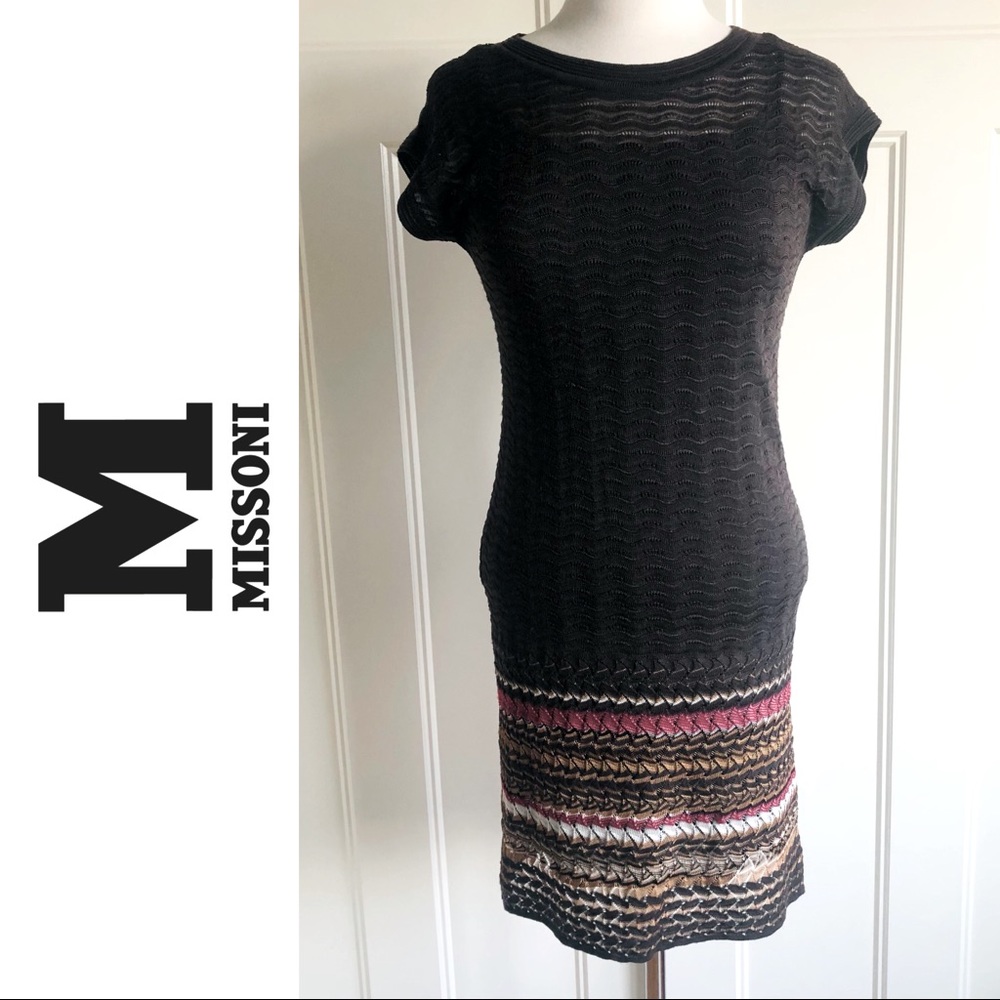 $920~M MISSONI~Brown Scalloped Knit Signature Chevron Stripe Print Dress~38/S